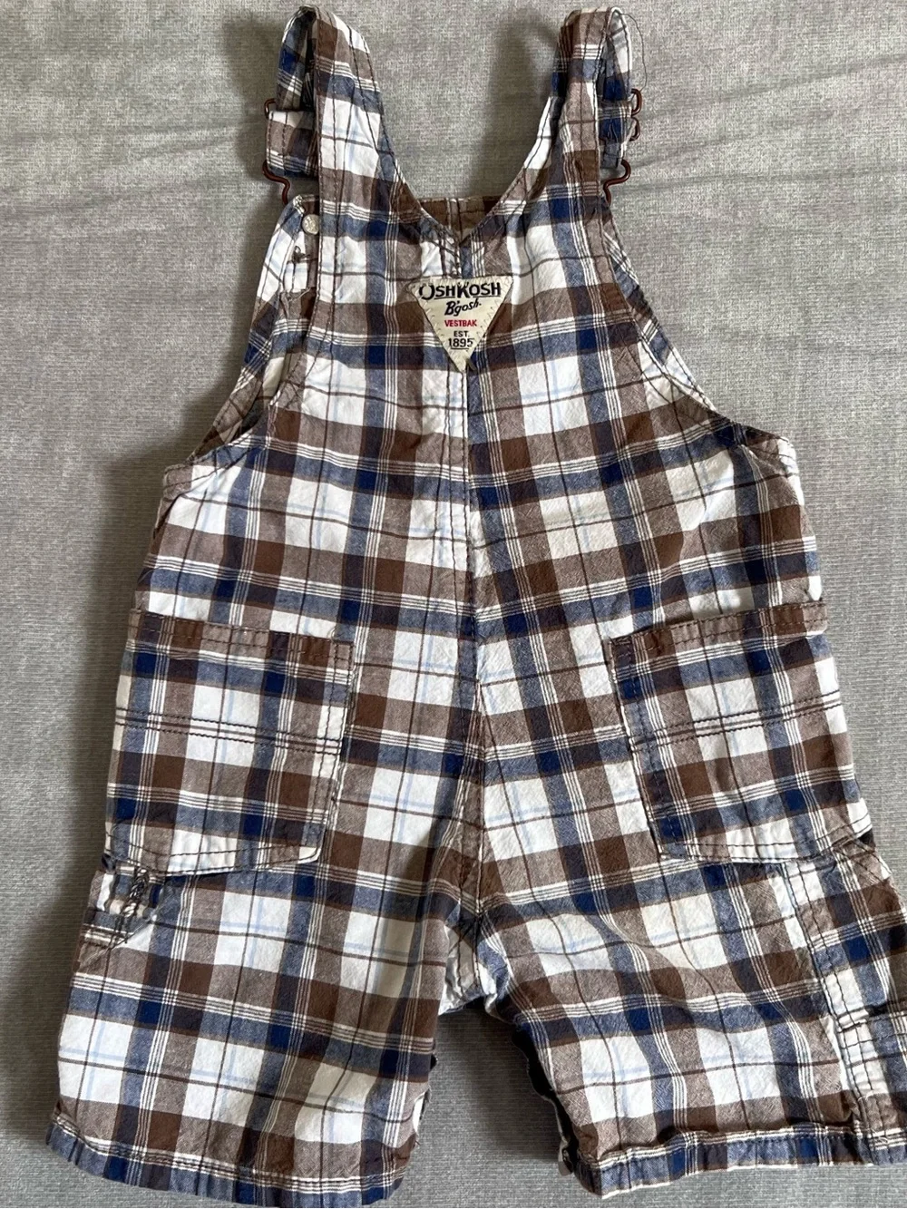 OshKosh B'gosh Brown, Blue and White Plaid Cotton Kids Overalls Shorts Boy 18M